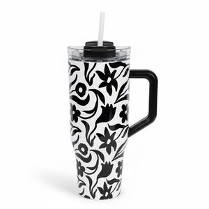 NWT Black & White Floral Travel Tumbler w/ Handle & Straw Insulated 40oz Cup